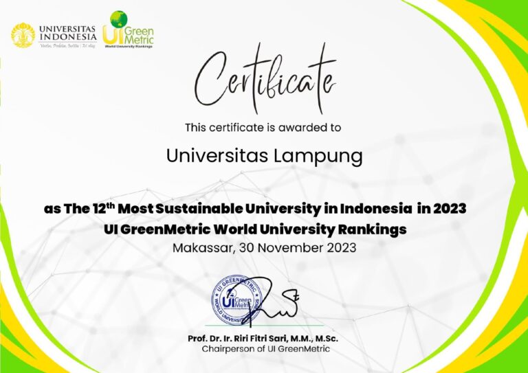 Unila Peringkat 12 Kampus Berkelanjutan Terbaik di Indonesia Versi UI Greenmetric 2023