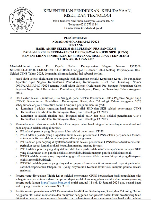 Hasil Akhir Seleksi (Kelulusan) Pra-Sanggah pada Seleksi Penerimaan CPNS Kemendikbudristek TA 2023