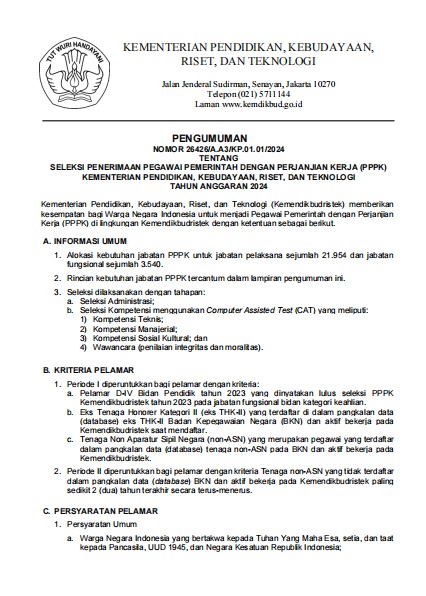 Seleksi Penerimaan PPPK Kemendikbudristek TA 2024
