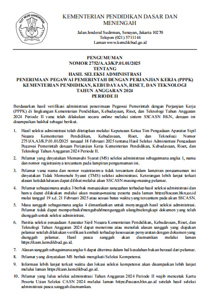 Hasil Seleksi Administrasi Penerimaan PPPK Kemdikbudristek TA 2024 Periode II