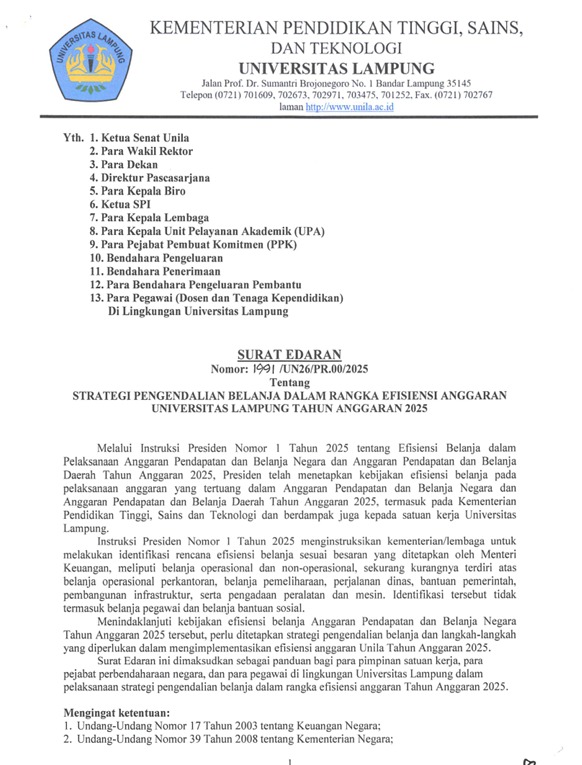 Strategi Pengendalian Belanja dalam Rangka Efisiensi Anggaran Unila TA 2025 