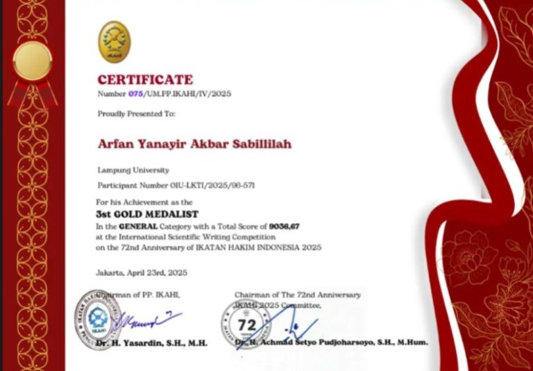 Mahasiswa FH Juara 3 dan Gold Medal LKTI Internasional IKAHI 2024