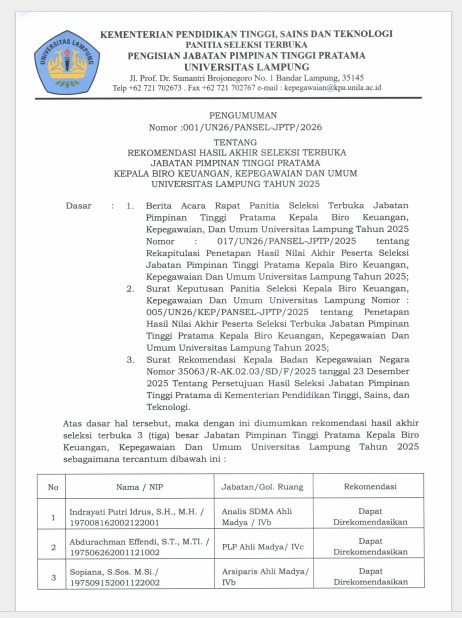 Rekomendasi Hasil Akhir Seleksi Terbuka JPTP Kepala BKKU 2025