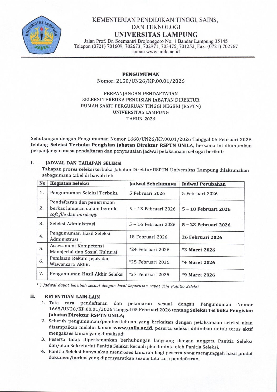 Perpanjangan Pendaftaran Jabatan Direktur RSPTN Unila 2026