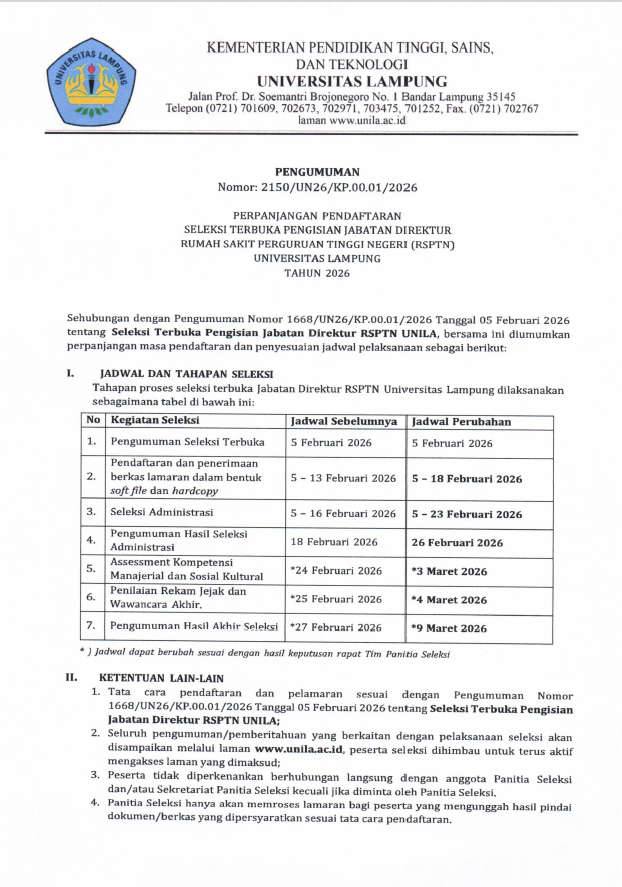 Perpanjangan Pendaftaran Seleksi Terbuka Pengisian Jabatan Direktur RSPTN Unila 2026