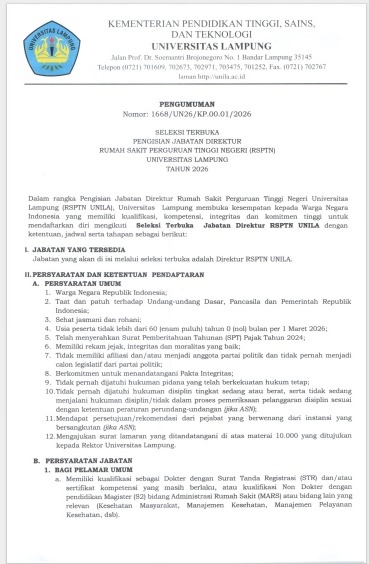 Seleksi Terbuka Pengisian Jabatan Direktur RSPTN Unila 2026