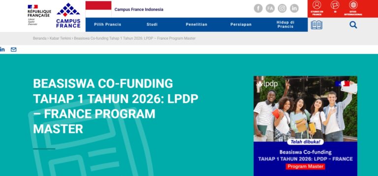 Beasiswa Co-funding Tahap 1 Tahun 2026: LPDP – France Program Master Resmi Dibuka