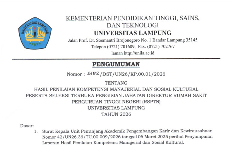 Hasil Penilaian Kompetensi Manajerial dan Sosial Kultural Peserta Seleksi Terbuka Jabatan Direktur RSPTN Universitas Lampung Tahun 2026