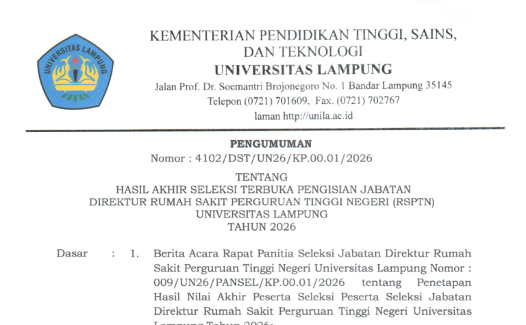 Hasil Akhir Seleksi Terbuka Pengisian Jabatan Direktur RSPTN Universitas Lampung Tahun 2026