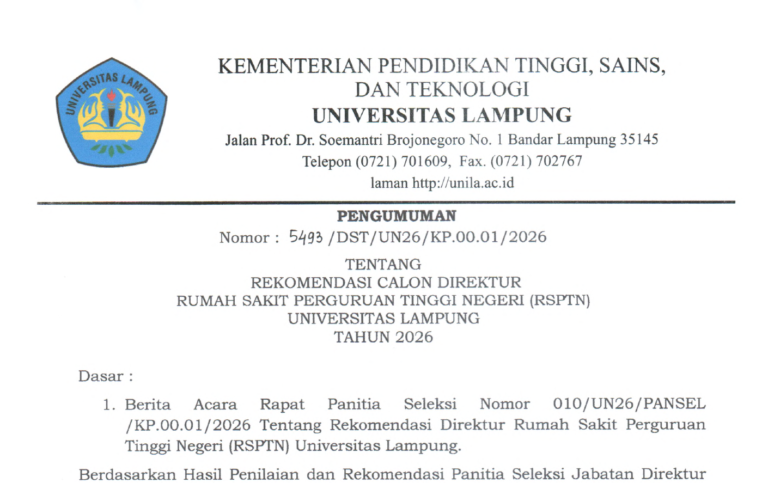 Pengumuman Rekomendasi Calon Direktur RSPTN Universitas Lampung Tahun 2026